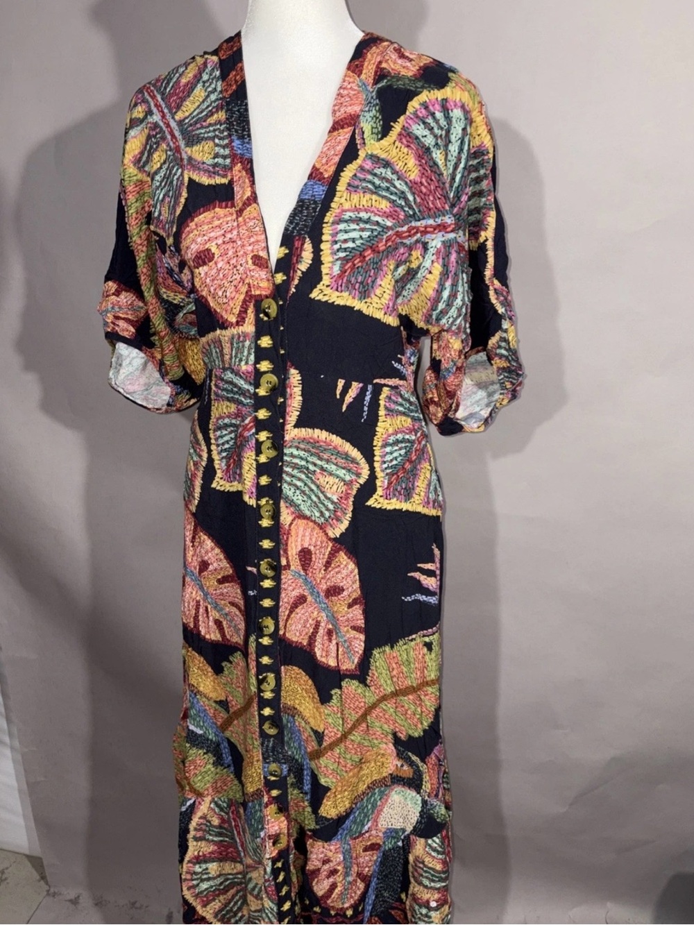 Farm Rio Black Multicolor Button-Front Maxi Dress